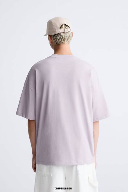 Zara vêtements P66V1213 Hommes t-shirt à texte brodé lilas