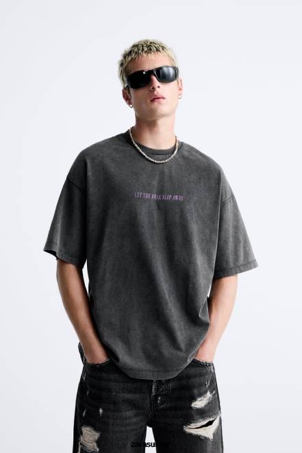 Zara vêtements P66V1214 Hommes t-shirt avec texte délavé à l'acide noir délavé