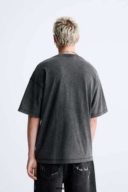 Zara vêtements P66V1214 Hommes t-shirt avec texte délavé à l'acide noir délavé
