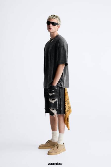 Zara vêtements P66V1214 Hommes t-shirt avec texte délavé à l'acide noir délavé