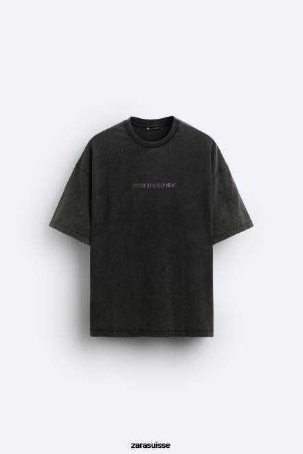 Zara vêtements P66V1214 Hommes t-shirt avec texte délavé à l'acide noir délavé