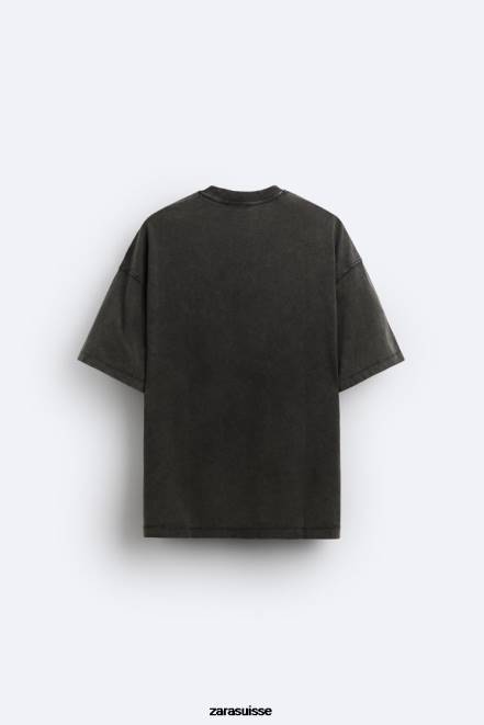 Zara vêtements P66V1214 Hommes t-shirt avec texte délavé à l'acide noir délavé