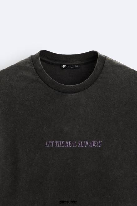 Zara vêtements P66V1214 Hommes t-shirt avec texte délavé à l'acide noir délavé