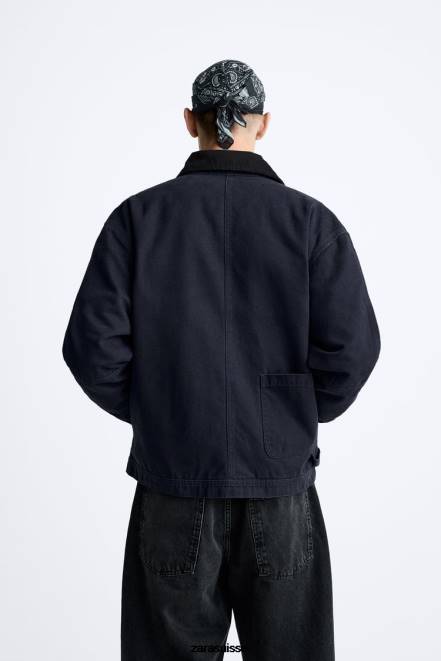 Zara vêtements P66V1106 Hommes veste à col mixte bleu