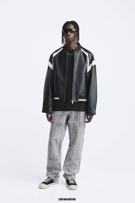 Zara vêtements P66V1110 Hommes blouson aviateur contrastant en similicuir noir
