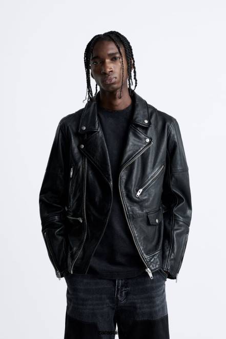 Zara vêtements P66V1113 Hommes veste de motard en cuir noir
