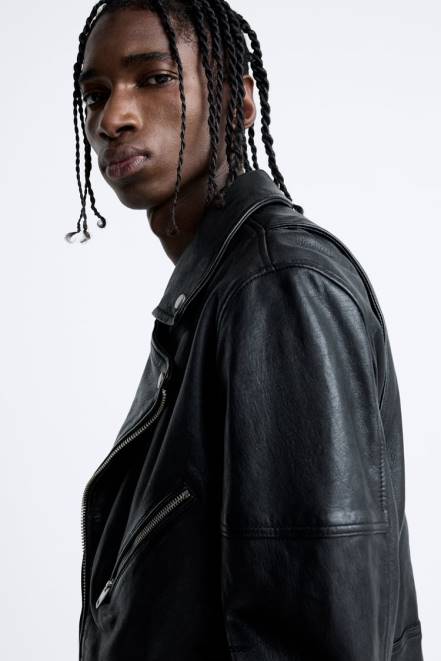 Zara vêtements P66V1113 Hommes veste de motard en cuir noir