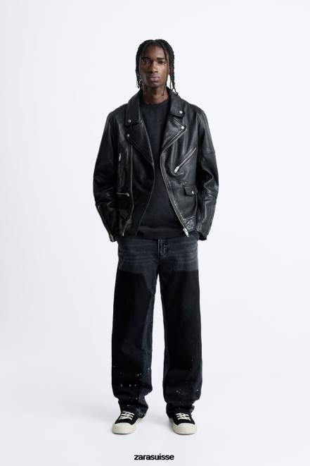 Zara vêtements P66V1113 Hommes veste de motard en cuir noir