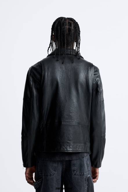 Zara vêtements P66V1113 Hommes veste de motard en cuir noir