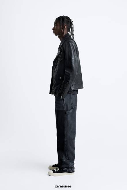 Zara vêtements P66V1113 Hommes veste de motard en cuir noir