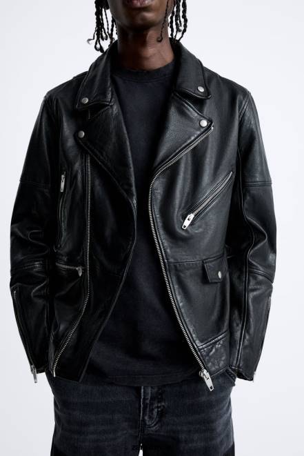 Zara vêtements P66V1113 Hommes veste de motard en cuir noir