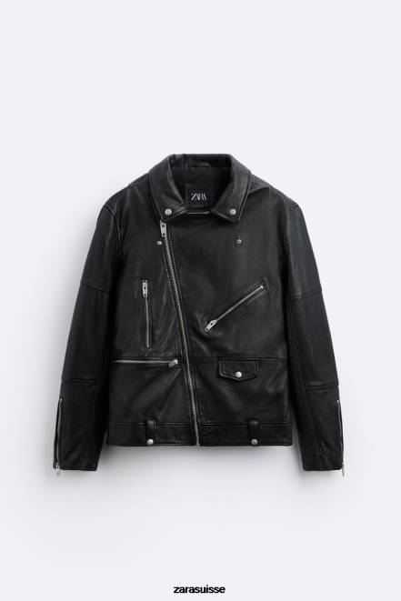Zara vêtements P66V1113 Hommes veste de motard en cuir noir