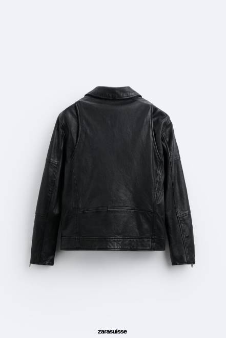 Zara vêtements P66V1113 Hommes veste de motard en cuir noir