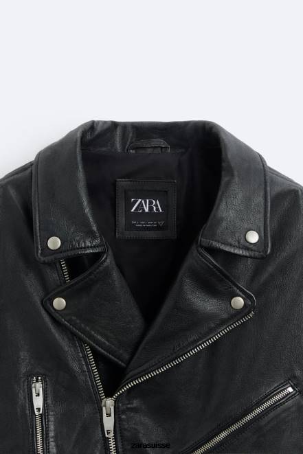 Zara vêtements P66V1113 Hommes veste de motard en cuir noir