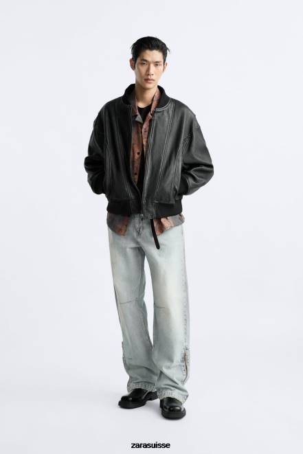 Zara vêtements P66V1114 Hommes veste en cuir vintage noir