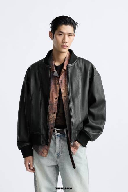 Zara vêtements P66V1114 Hommes veste en cuir vintage noir