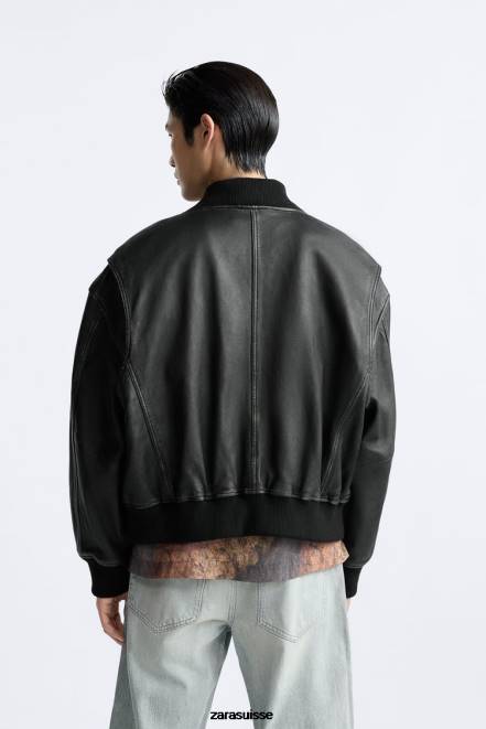 Zara vêtements P66V1114 Hommes veste en cuir vintage noir