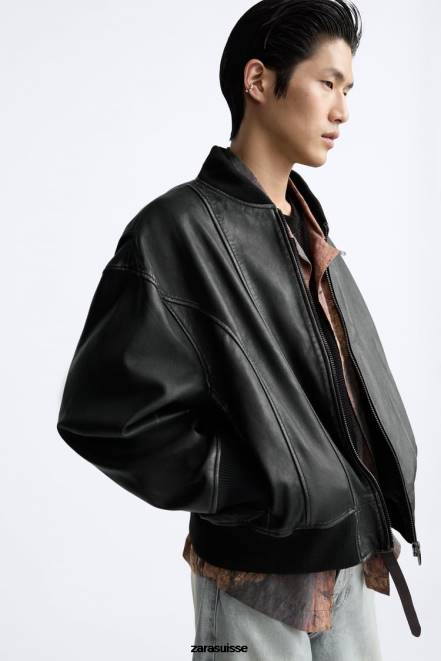 Zara vêtements P66V1114 Hommes veste en cuir vintage noir