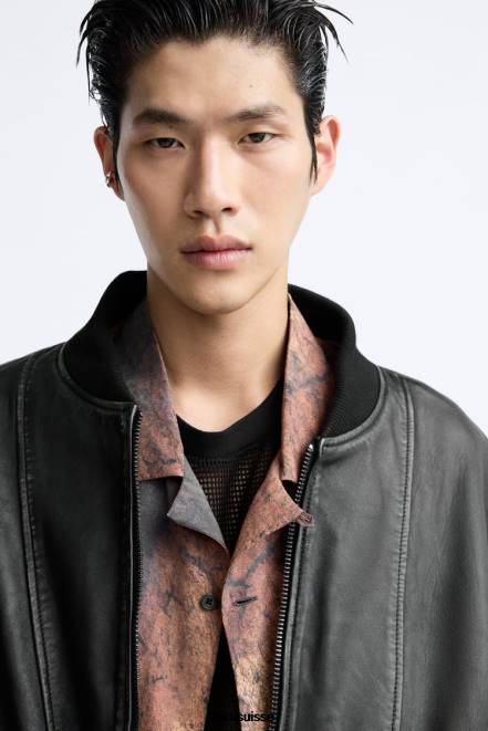 Zara vêtements P66V1114 Hommes veste en cuir vintage noir