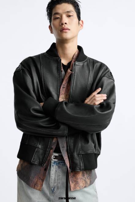 Zara vêtements P66V1114 Hommes veste en cuir vintage noir