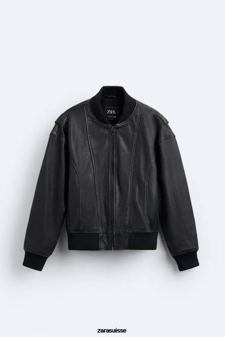 Zara vêtements P66V1114 Hommes veste en cuir vintage noir