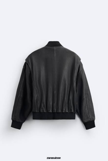 Zara vêtements P66V1114 Hommes veste en cuir vintage noir