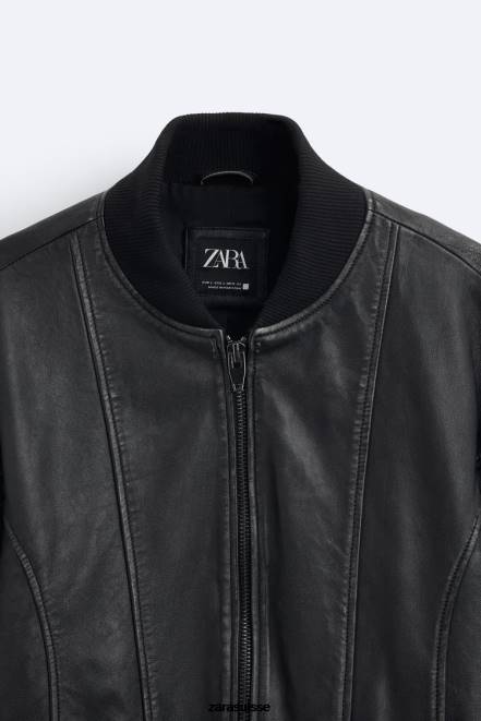Zara vêtements P66V1114 Hommes veste en cuir vintage noir