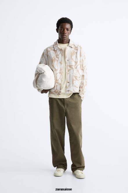 Zara vêtements P66V1116 Hommes veste en jacquard fleuri beige