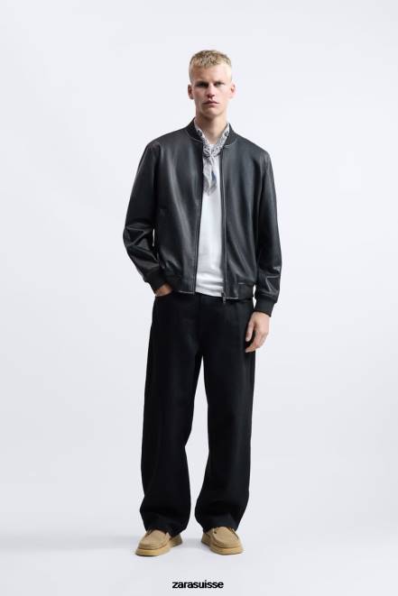 Zara vêtements P66V1119 Hommes blouson aviateur en simili cuir noir