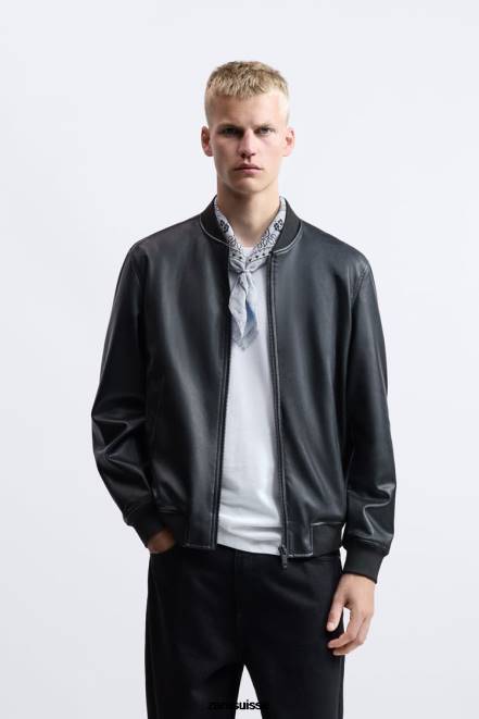 Zara vêtements P66V1119 Hommes blouson aviateur en simili cuir noir