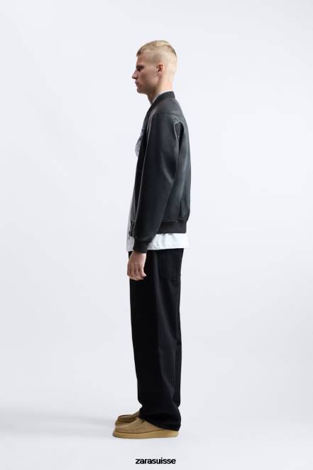 Zara vêtements P66V1119 Hommes blouson aviateur en simili cuir noir