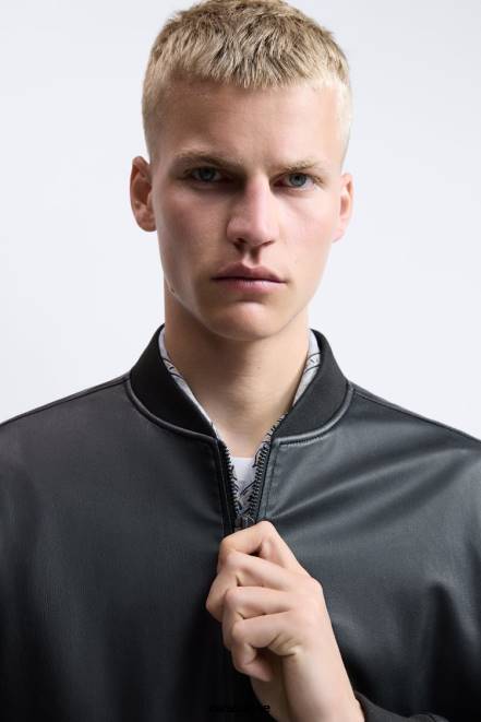 Zara vêtements P66V1119 Hommes blouson aviateur en simili cuir noir