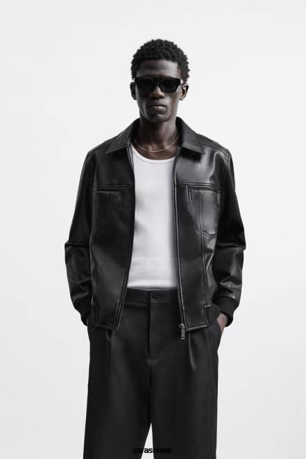 Zara vêtements P66V1121 Hommes veste en simili cuir noir