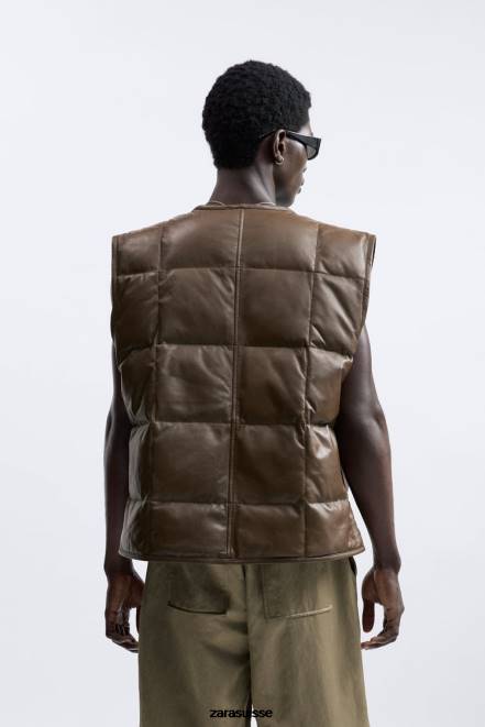 Zara vêtements P66V1127 Hommes doudoune en cuir édition limitée marron/taupe