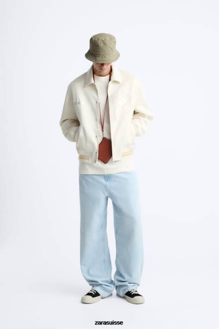 Zara vêtements P66V1128 Hommes veste en suède synthétique à broderies blanc d'huître