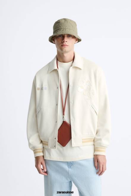 Zara vêtements P66V1128 Hommes veste en suède synthétique à broderies blanc d'huître