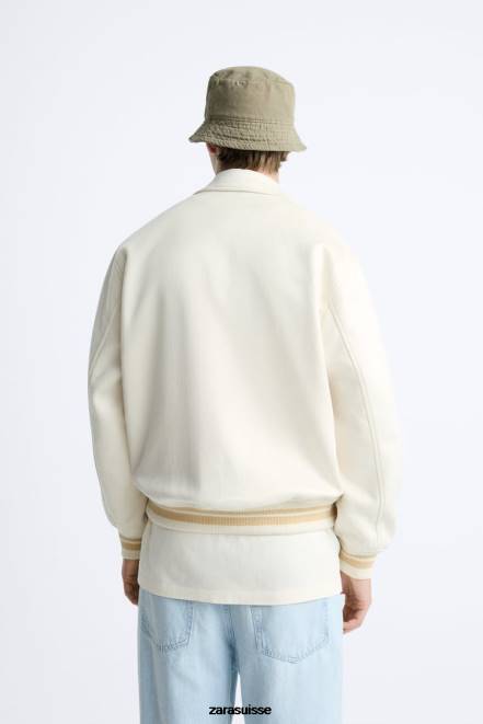 Zara vêtements P66V1128 Hommes veste en suède synthétique à broderies blanc d'huître