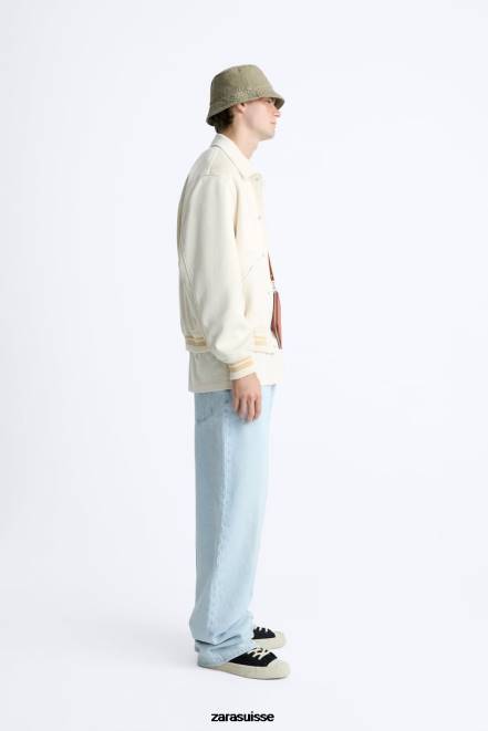 Zara vêtements P66V1128 Hommes veste en suède synthétique à broderies blanc d'huître