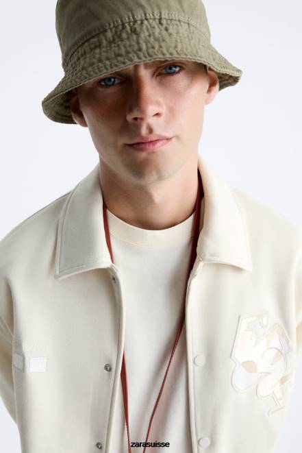 Zara vêtements P66V1128 Hommes veste en suède synthétique à broderies blanc d'huître