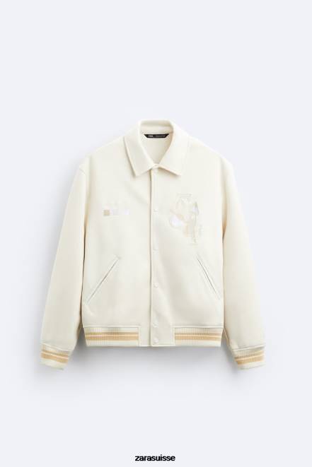 Zara vêtements P66V1128 Hommes veste en suède synthétique à broderies blanc d'huître
