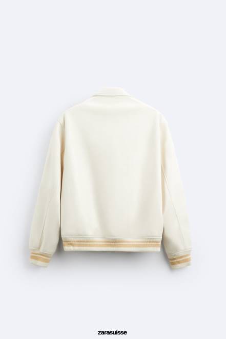 Zara vêtements P66V1128 Hommes veste en suède synthétique à broderies blanc d'huître