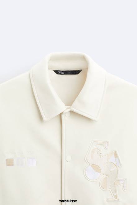 Zara vêtements P66V1128 Hommes veste en suède synthétique à broderies blanc d'huître