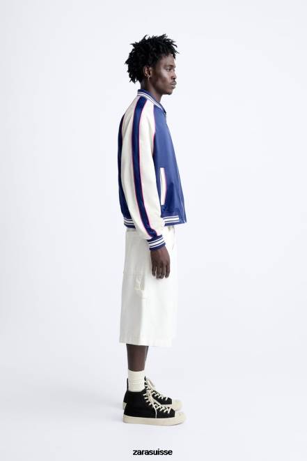 Zara vêtements P66V1131 Hommes veste effet satiné à texte brodé bleuâtre