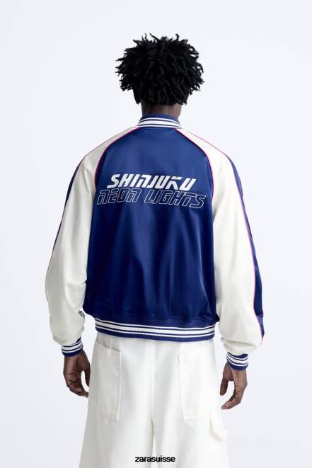 Zara vêtements P66V1131 Hommes veste effet satiné à texte brodé bleuâtre