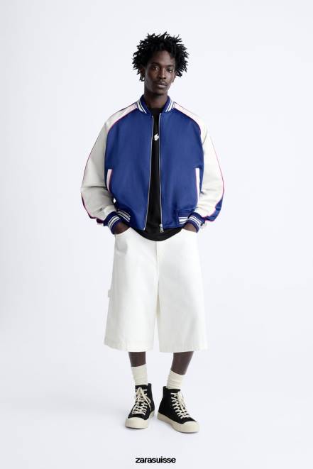 Zara vêtements P66V1131 Hommes veste effet satiné à texte brodé bleuâtre