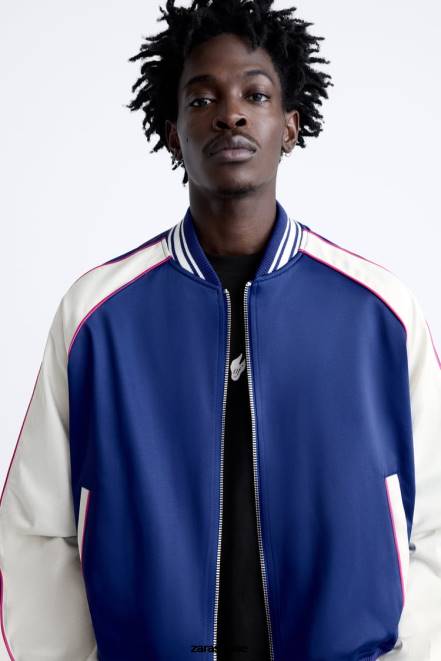 Zara vêtements P66V1131 Hommes veste effet satiné à texte brodé bleuâtre