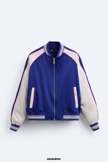 Zara vêtements P66V1131 Hommes veste effet satiné à texte brodé bleuâtre