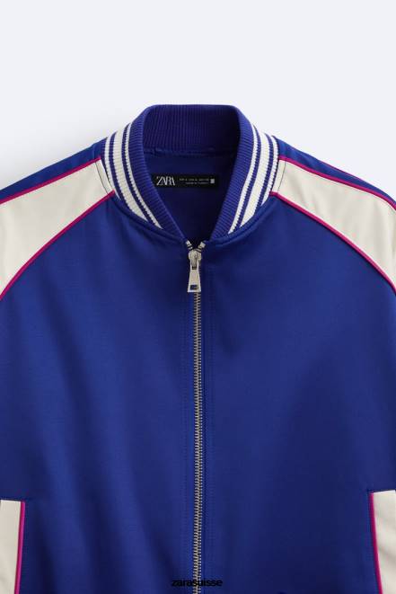 Zara vêtements P66V1131 Hommes veste effet satiné à texte brodé bleuâtre