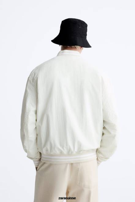 Zara vêtements P66V1135 Hommes veste bomber à patch blanc d'huître