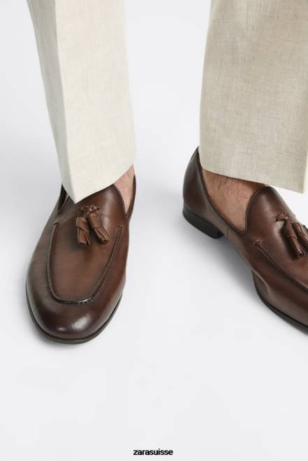 Zara chaussure P66V1274 Hommes mocassins à pampilles en cuir souple brun